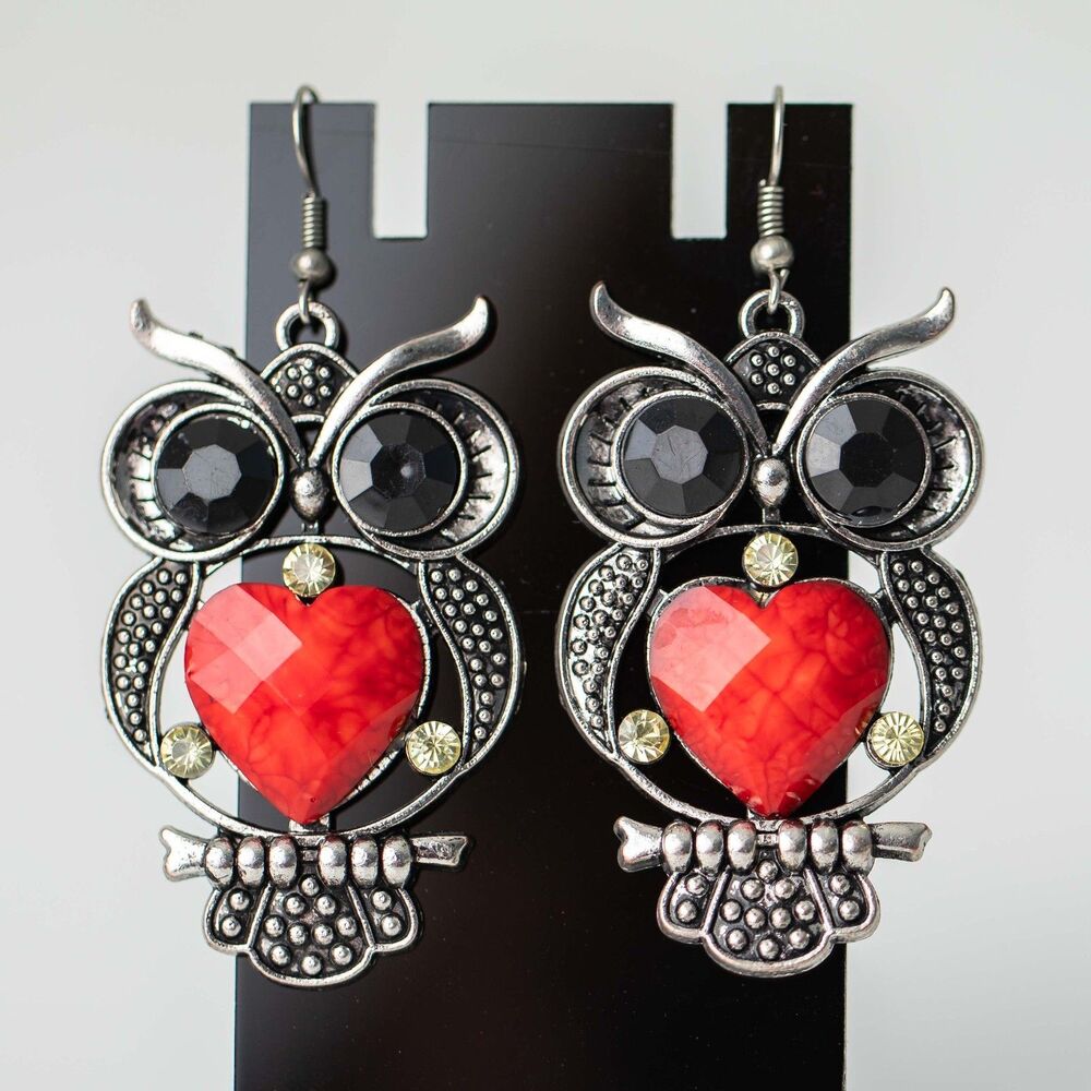 Owl Heart Vintage Style Dangle Earrings Red Black Rhinestone Silver Tone Jewelry